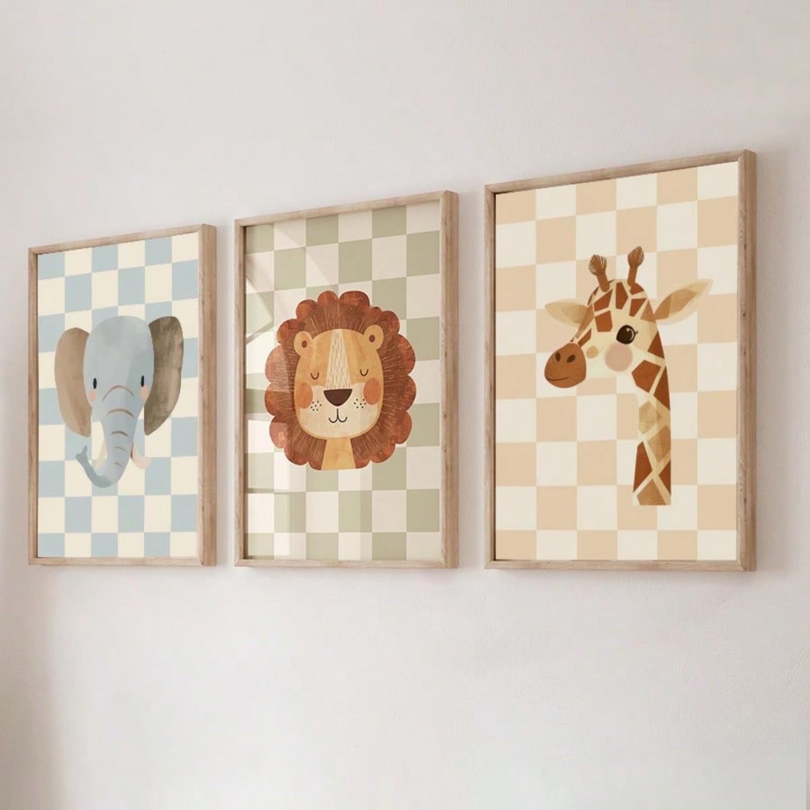 ZBELLO Set of 3 Checkerboard Safari Animal Wall Art Prints, Elephant Lion & Giraffe Posters, Neutral Nursery Decor for Baby Bedroom, Unframed (21x30cm)
