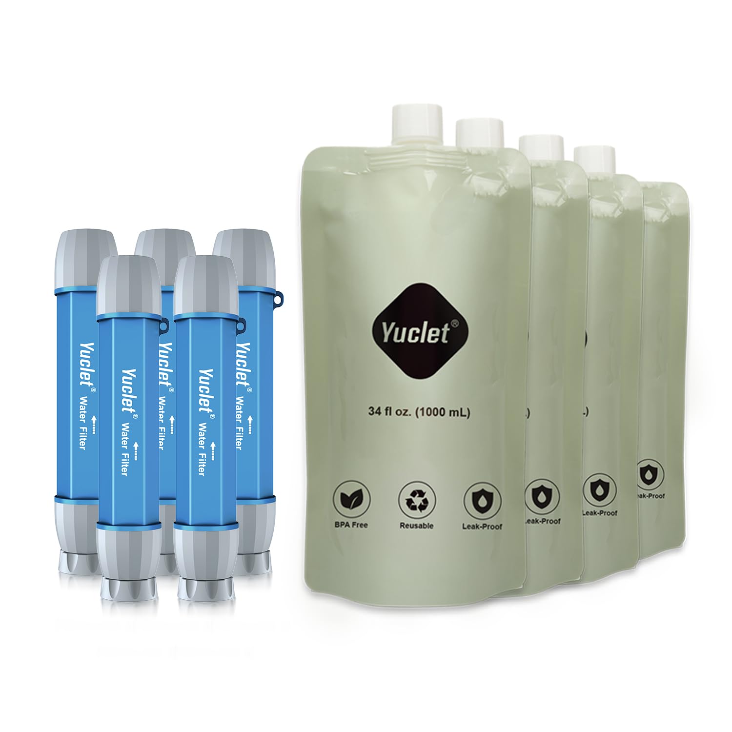 Squeeze Water Filtration System for Hiking, Camping, Travel, and Emergency Preparedness (5 Water Filter Straw, 4 Squeezable 34-Oz Water Pouch)