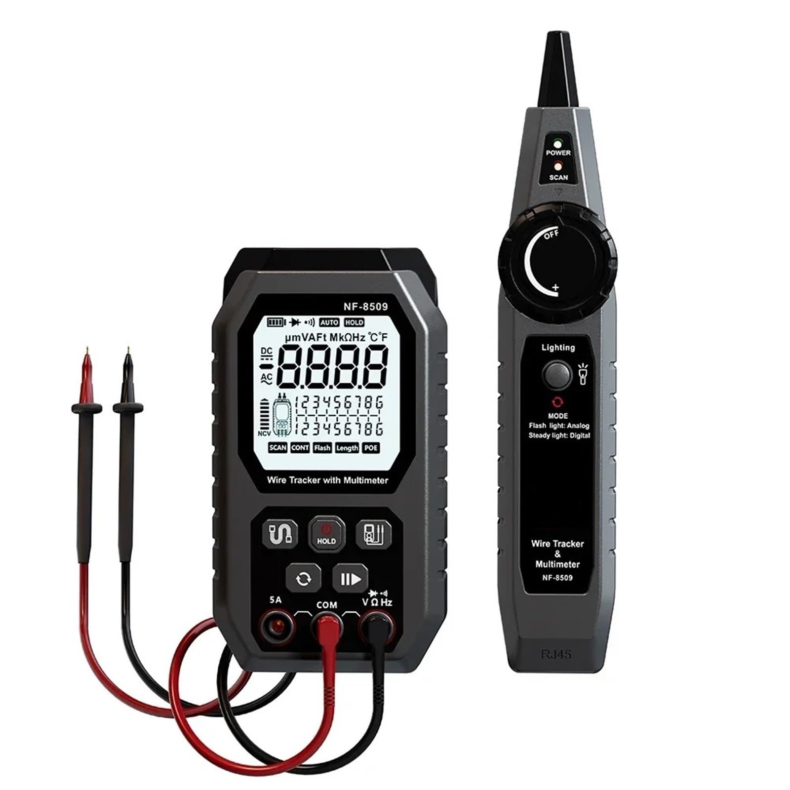 Tester for cavi di rete 2 in 1, multimetro digitale, rilevatore lunghezza, tester PoE Cat5 Cat6, test continuità Prove di trasmissione