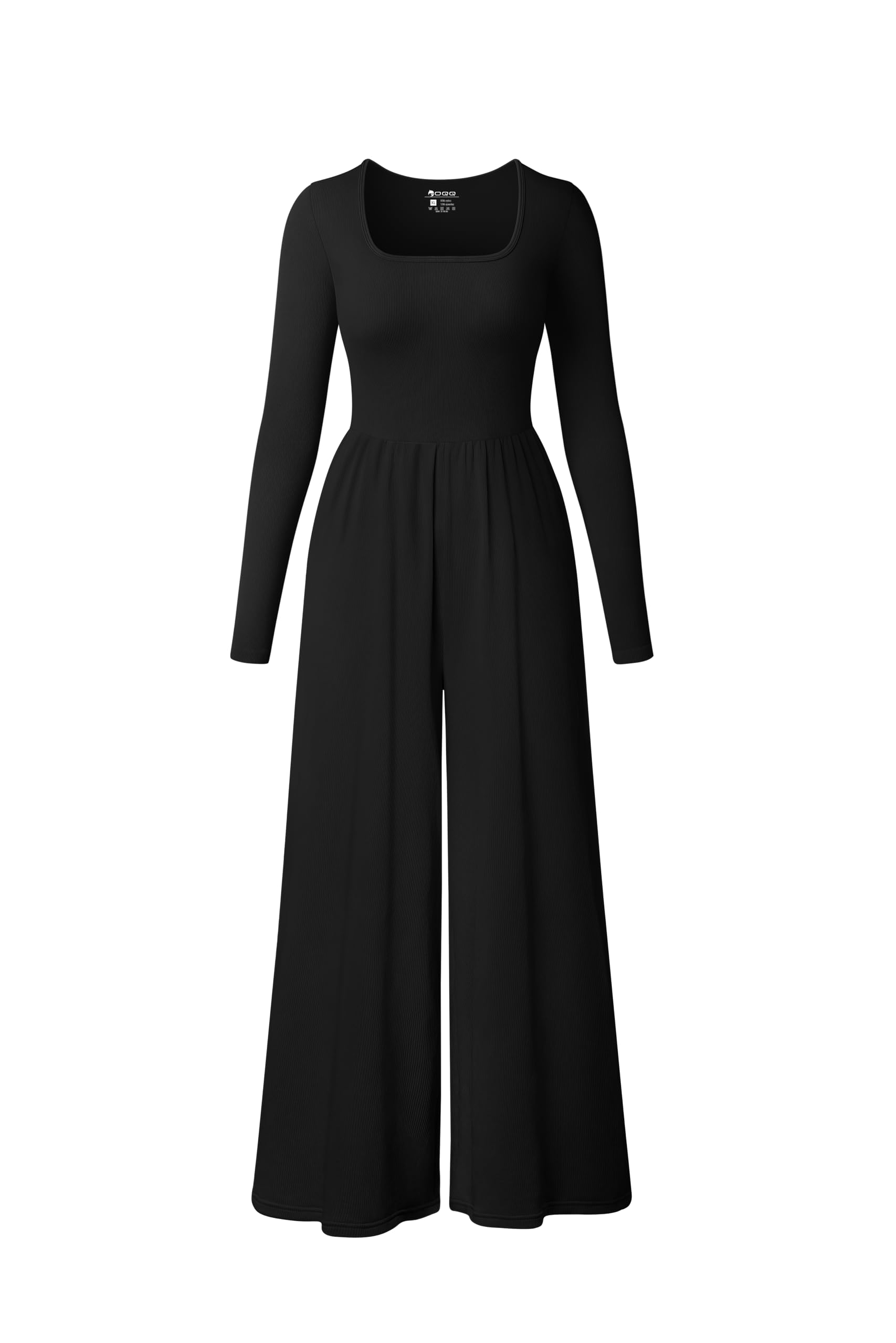 OQQ Women Wide Leg Pants Jumpsuits One Piece Long Sleeve Square Neck Jumpsuits Black