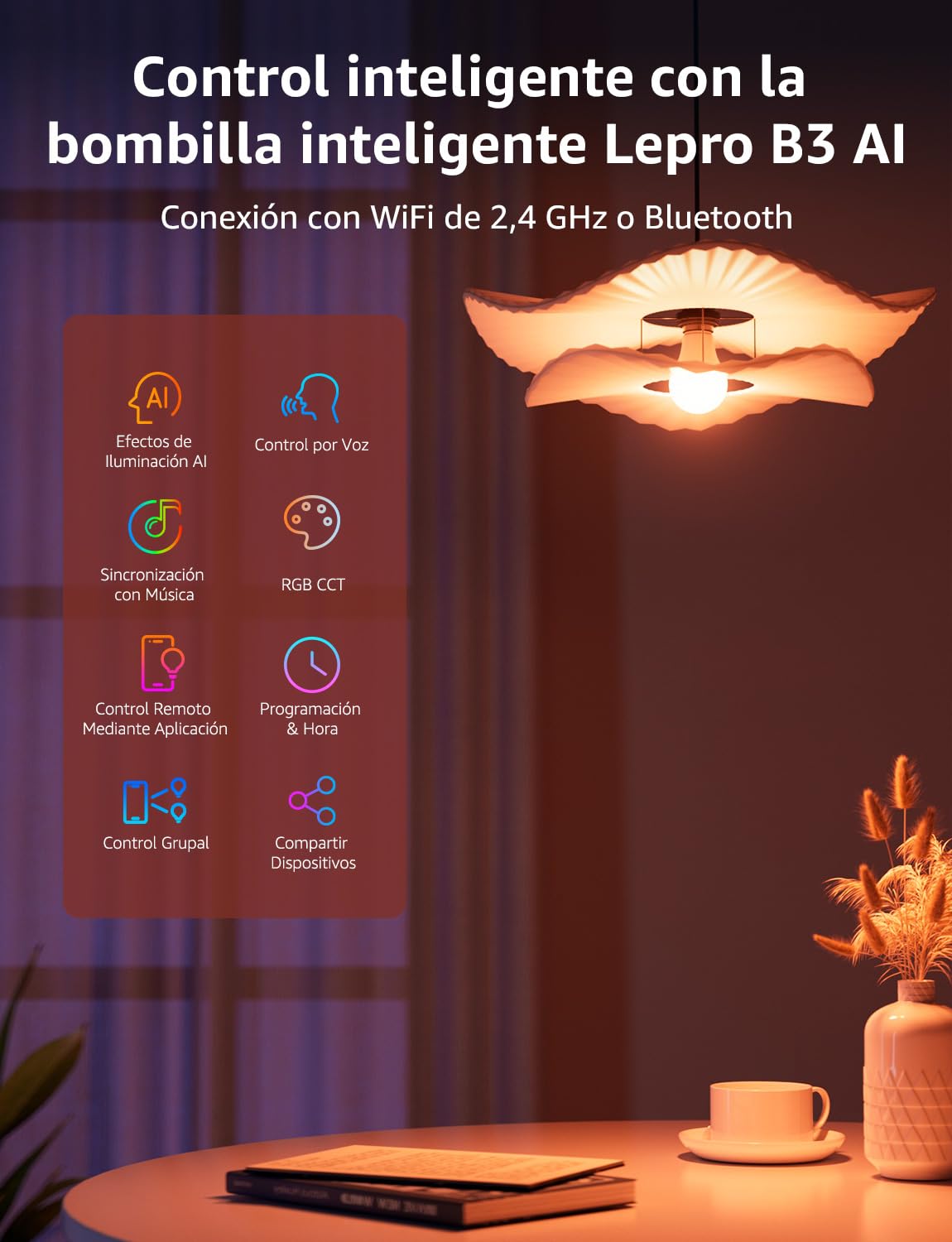 Lepro B3 AI Bombilla Inteligente Alexa, LED E27 12W RGB Regulable Bombillas, Wi-Fi Control de Voz y Sync de Música, Diseñador de Iluminación AI Personalizado, Funciona con Alexa, Google Home, 4Pcs