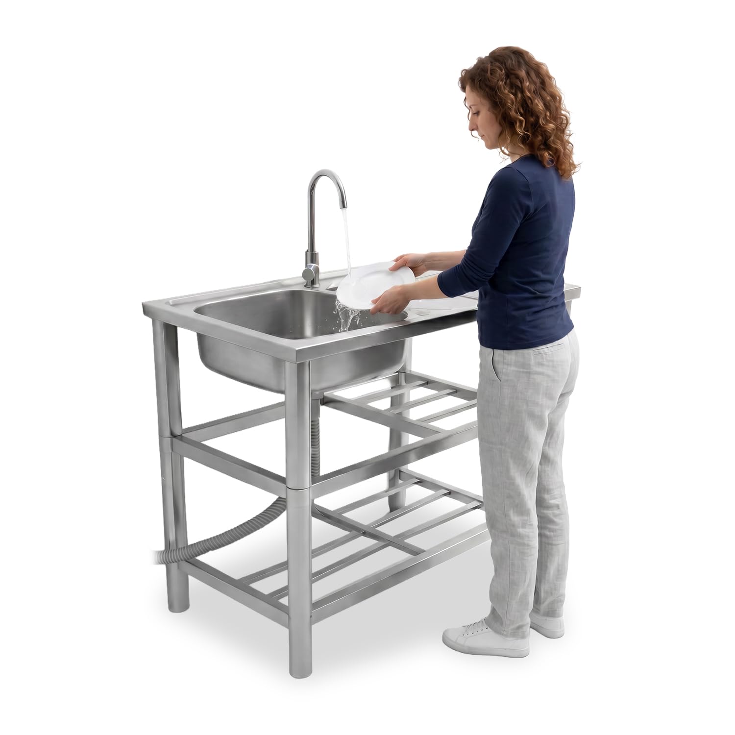 Avilia - Lavello Multifunzione in Acciaio Inox Professionale con Fontana – Lavandino da Esterno e Interno Reversibile – Dimensioni 75x40x80 cm con Doppia Mensola, Rubinetto e Kit Scarico Completo