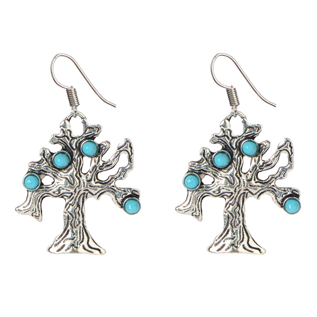 Tree Design Cute Dangle Women Earrings Silver Colour With Turquoise Beads (Pack Of 1 Pair)