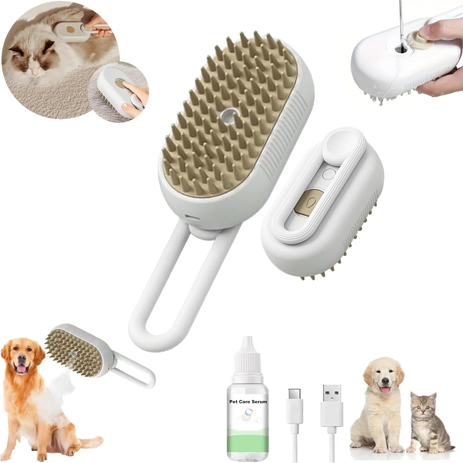 Generic Steamy Cat Brush - Upgraded 3 In1 Cat Steamy Brush, Self Cleaning Steam Cat Brush for Massage, Rechargeable Silicone Steam Pet Brush for Removing Tangled And Loosse Hair (White)