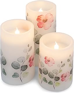 Elanze Designs Floral Pink and Green 6 inch Wax LED Flameless Pillar Candles Set of 3