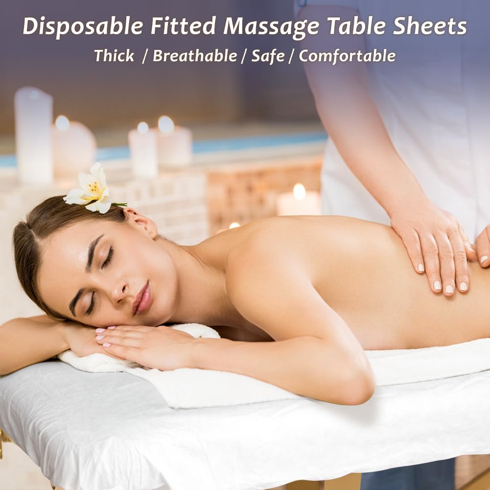 50 sábanas bajeras desechables para mesa de masaje, funda de cama elástica resistente, sábanas bajeras desechables transpirables para spa, tela blanca no tejida, 36 x 85 pulgadas (50 unidades)