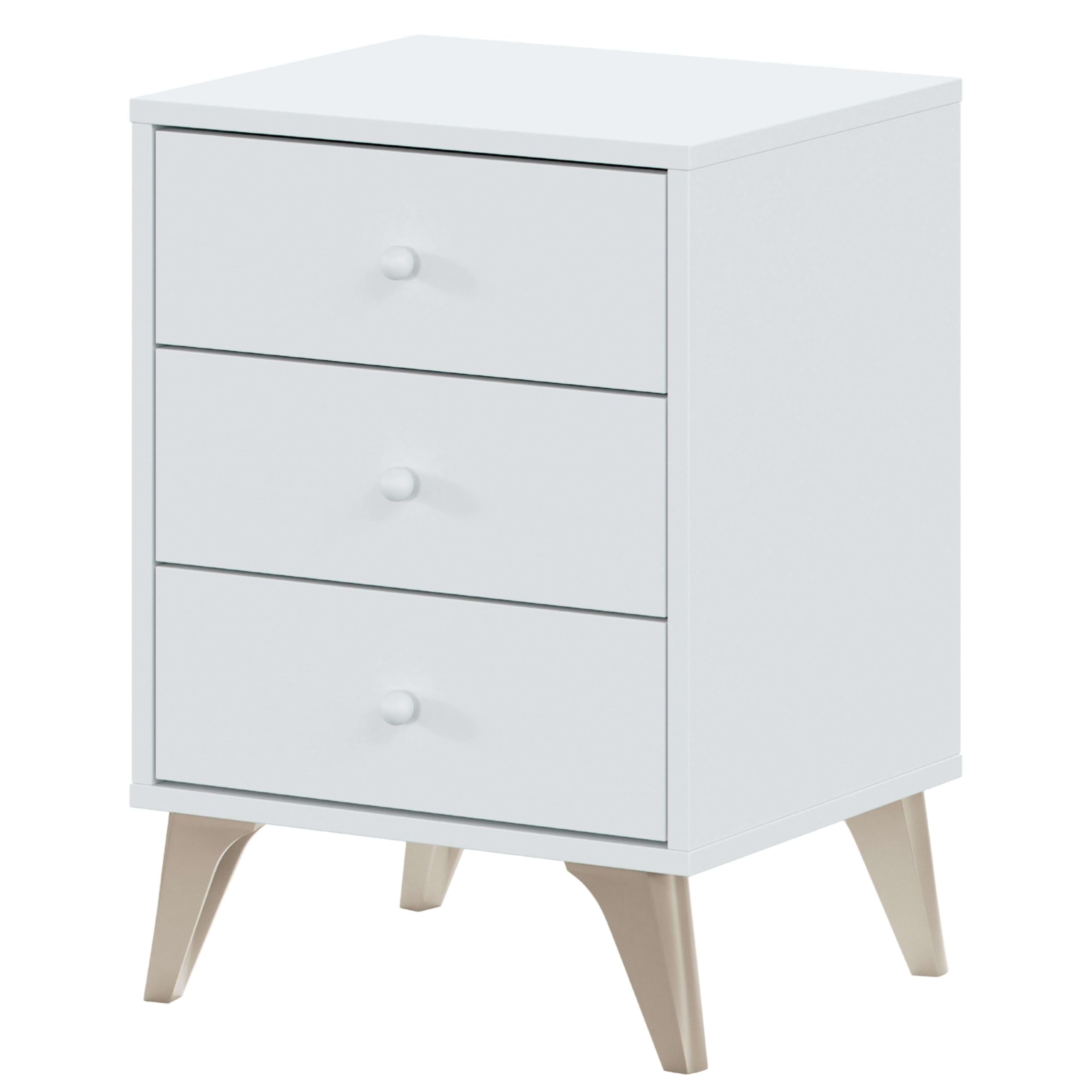 Habitdesign – Mesita de Noche con 3 Cajones y Patas, Color Blanco Artik, 56x40x33,​5 cm – Modelo Sweet