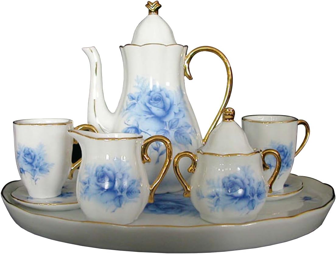 Miniature Porcelain 10 Piece Tea Set with Blue Rose Pattern