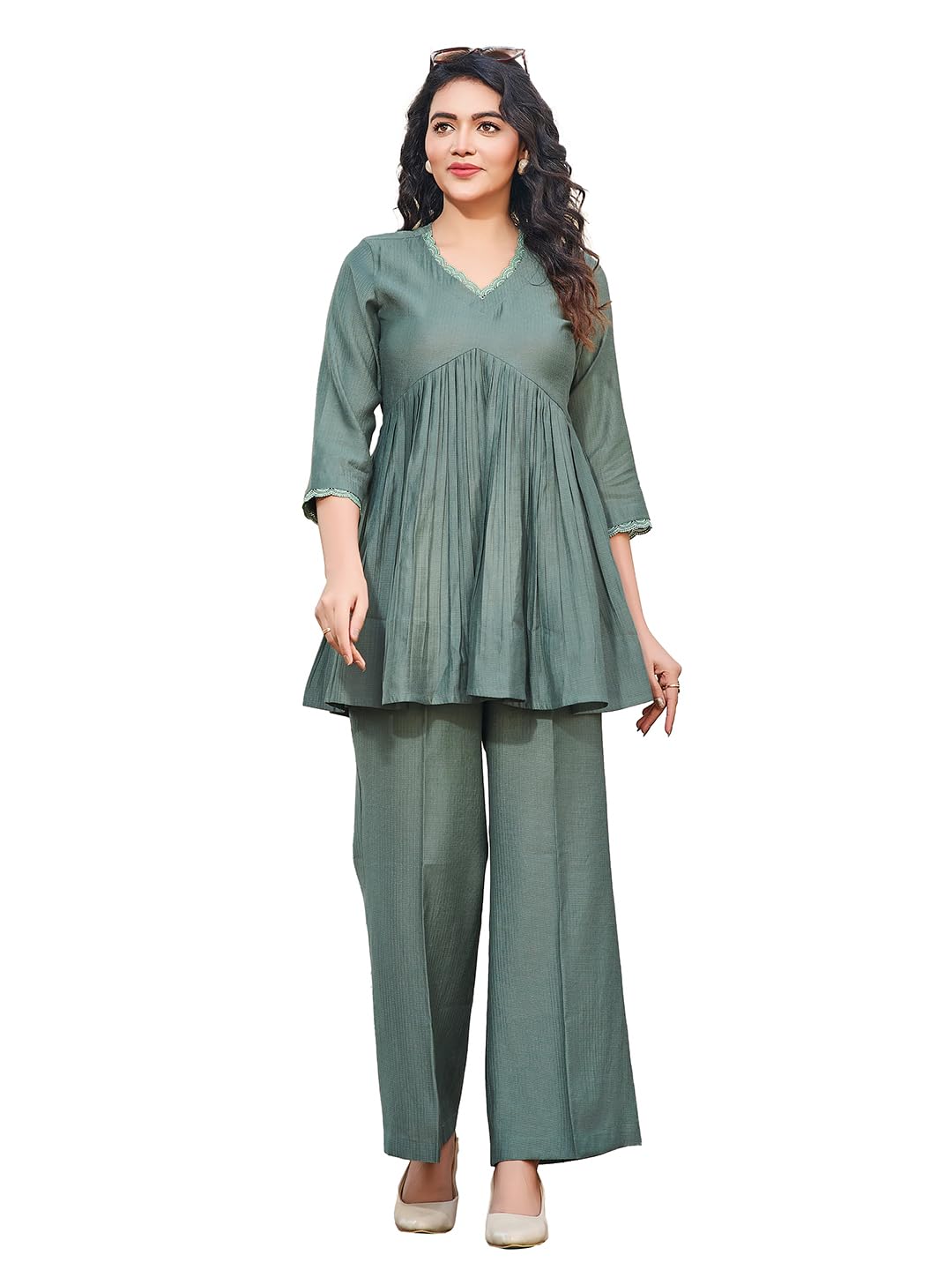 2-Piece Women's Co-ords Set - Silk Blend V-Neck 3/4 Sleeve Regular Fit Casual Shirt & Trousers Solid Design (Dusty-image-0