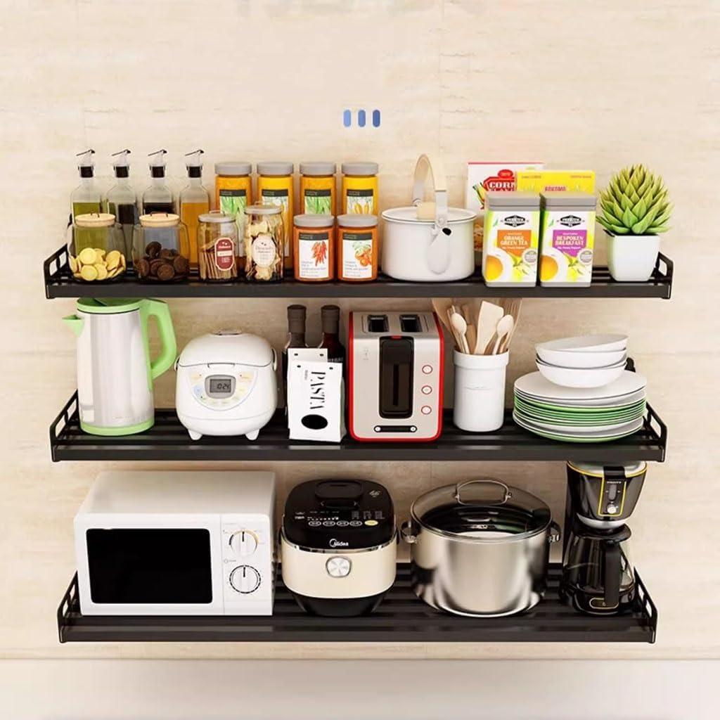 Universal Wall Mount Microwave Shelf Rack with Hooks - 60cm Space-Saving Brackets for Kitchen, Laundry, Garage & Restaurant Use - Durable, Easy Installation, Versatile Storage Solutions