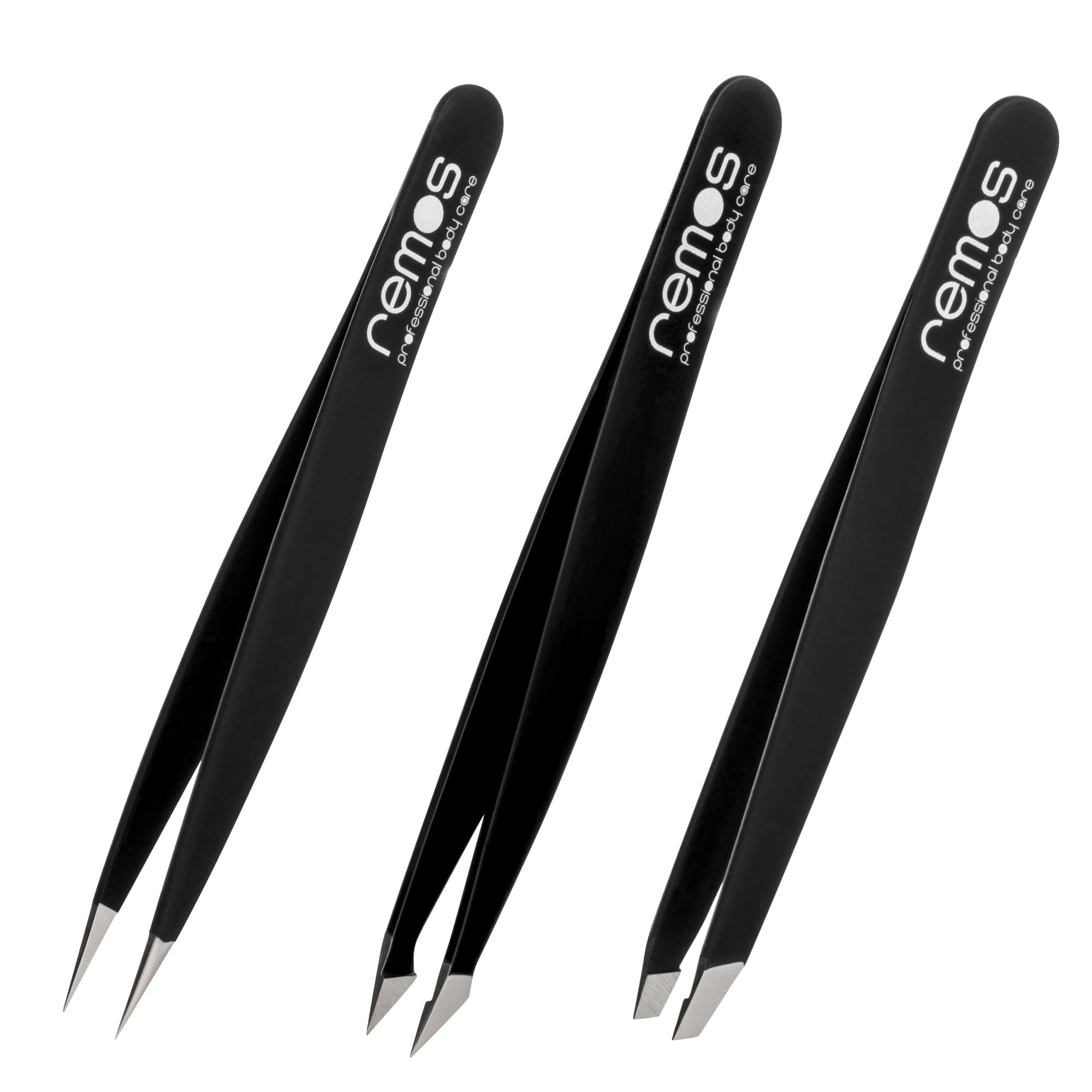 REMOS Tweezer Set 3 Pieces with Eyebrow, Splinter & Combination Tweezers in Black
