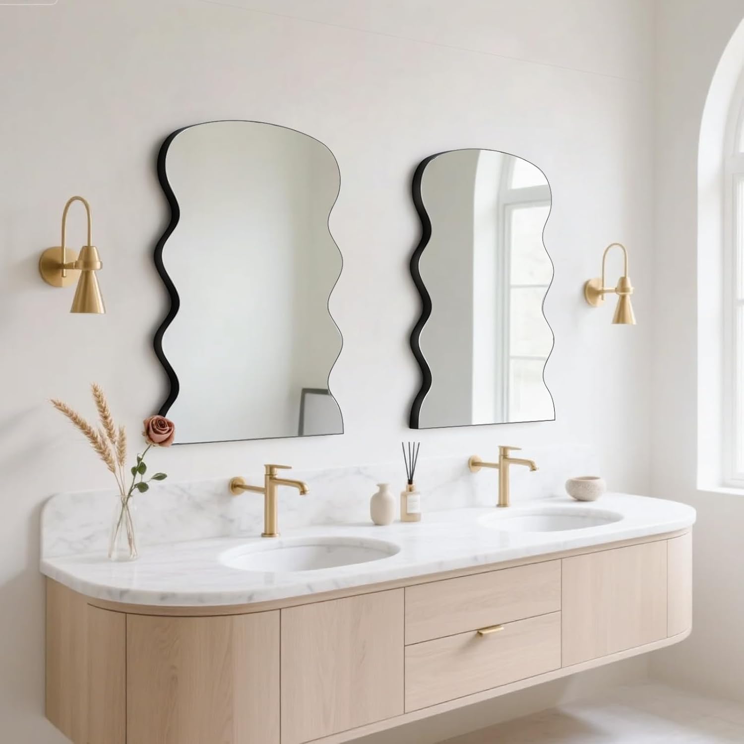 20"x28" Rectangle Scalloped Mirror for Bathroom Black Wavy Wall Mounted Metal Framed Mirror Hanging for Bedroom Entryway Living Room Vanity