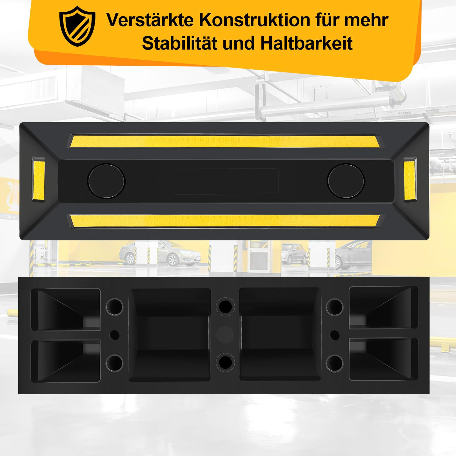 𝐉𝐚𝐱𝐠𝐮𝐨𝐦 Radstopper Gummi Einparkhilfe mit Schraublöchern 54x15x10 cm, Robuste Parkbegrenzung mit Gelben Reflexionsstreifen, 4x Parkplatzsperre für Garage Parkhäuser Parkplätze