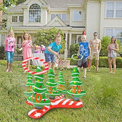 Christmas Party Toss Game Inflatable Xmas Tree with 4 Rings,Inflatable Christmas Tree Throwing Rings for Kids Adults Family Xmas Holiday New Year Party Fun Outdoor Garden Games