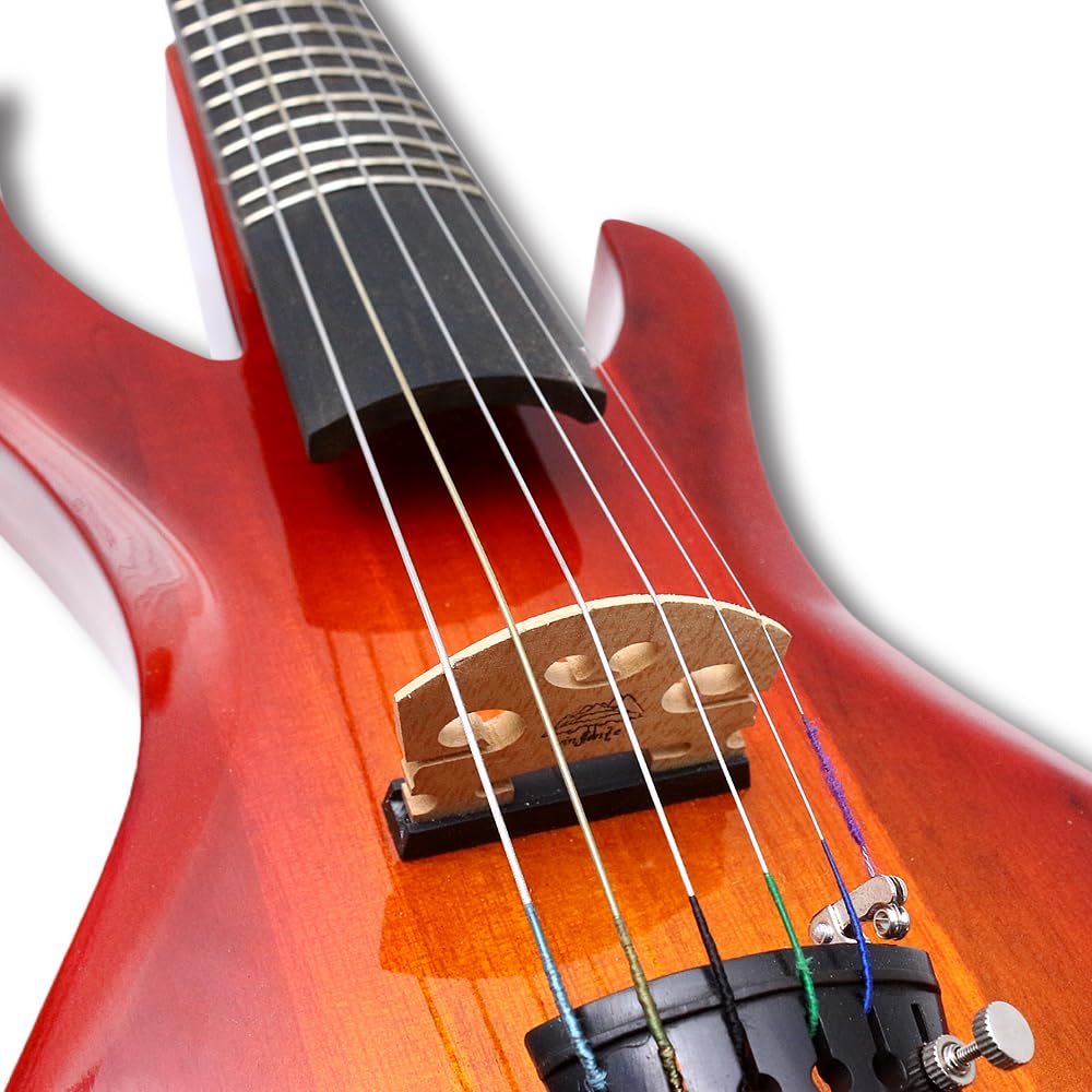 Violino Elettrico in Legno massello 4/4, Stile Chitarra, Rosso-Arancio, con Tasti per Principianti e Professionisti, Include Custodia e Accessori (01) (1)
