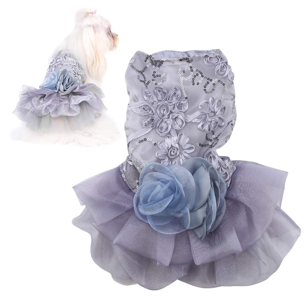 Puppy Dog Dress, Small Pets Summer Cloth Small Dogs Cats Sequined Princess Dress Summer Bubble Skirt Puppy Wedding Outfit Pet Costume Clothes Tutu Dress for Birthday Party (M Grey)