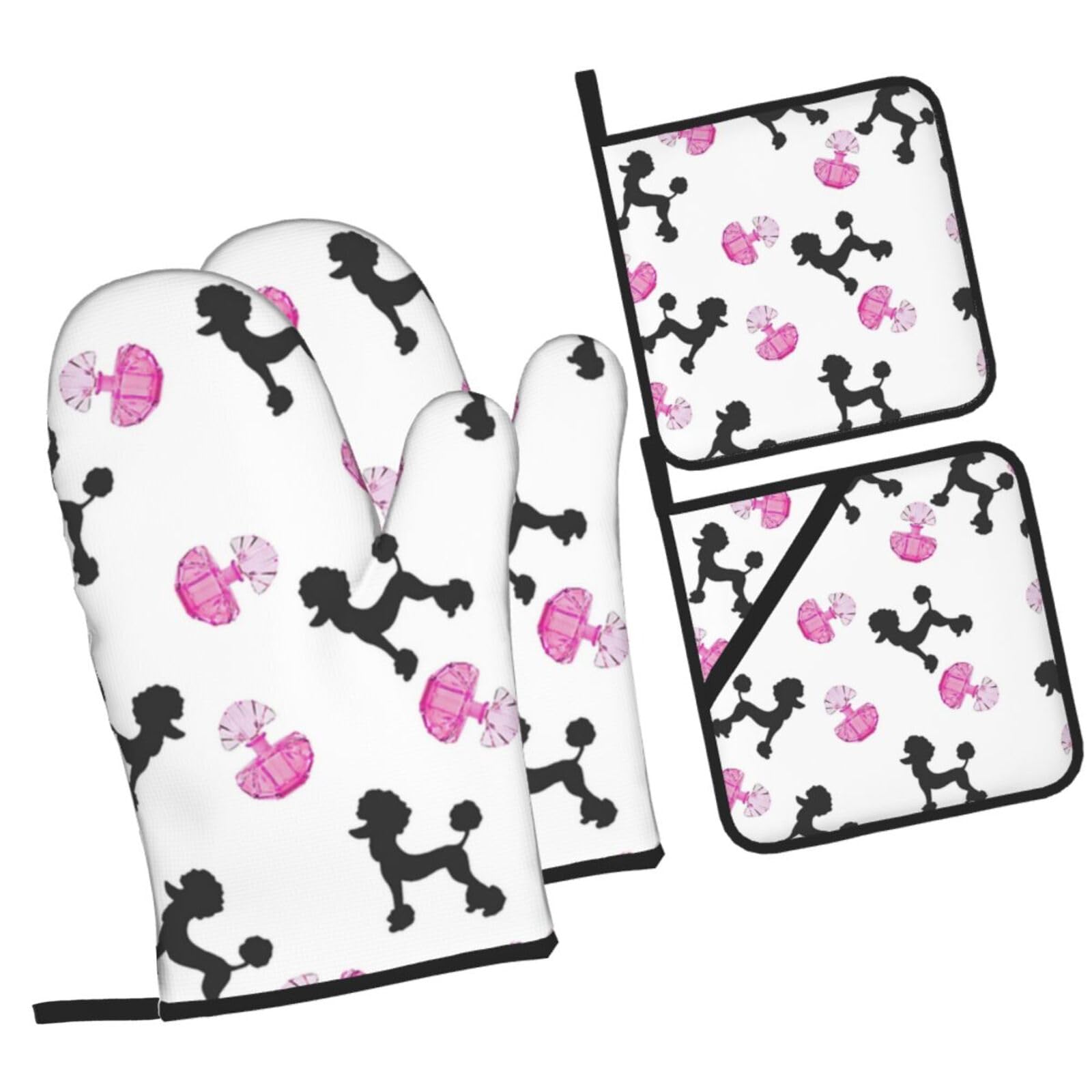 girly pink perfume bottle and poodle Printed Oven Mitts and Pot Holders Heat Resistant Set of 4 Pcs, Modern Kitchen Gloves & Potholders for Cooking Baking Grilling