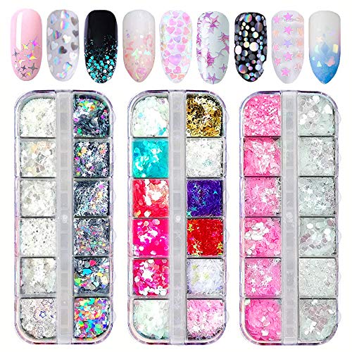3boxes Nail Art Glitter Sequins, Kalolary Laser Nail Art Flake Acrylic Paillettes, Multi-Colored 3D Star Heart Moon Confetti Mixed Glitter for Nail Art Decoration