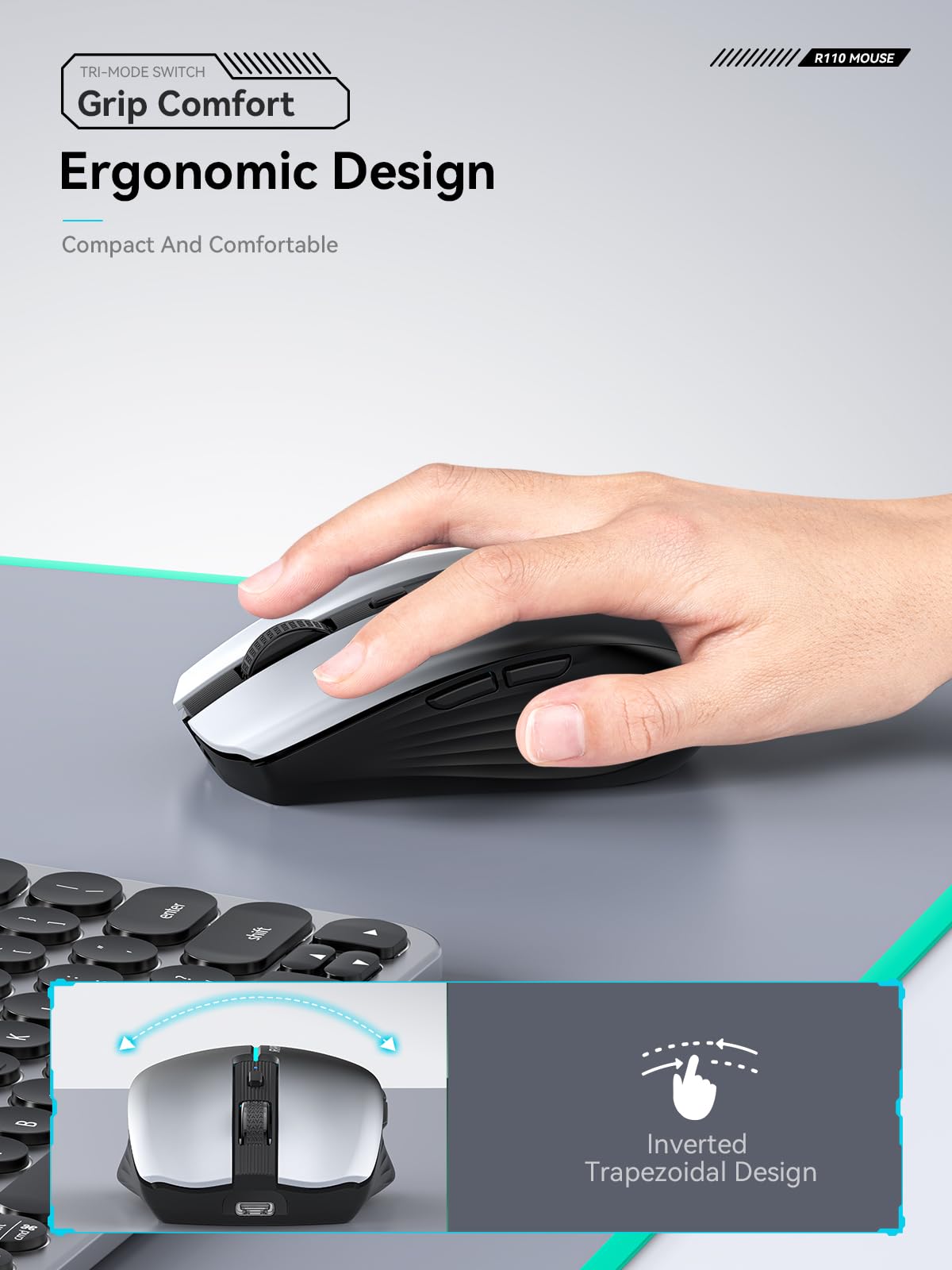 RAPIQUE Mouse senza fili Bluetooth – Bianco a Nero Gradiente, Doppia connettività Bluetooth 5.1 e 2.4G, Silent Click, Ricaricabile, Ergonomico 6 Tasti per Windows/MacOS/Android/Laptop/MacBook/iPad