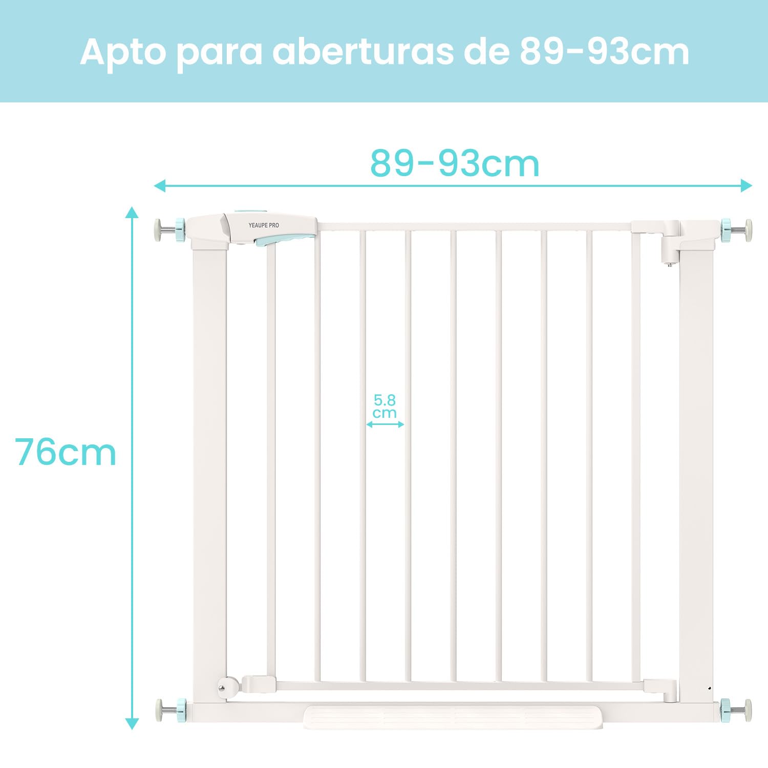 YEAUPE PRO Barrera de Seguridad Niños Escalera, 89-93 CM, Valla de Seguridad Infantil sin Tornillos, Puerta de Seguridad para Bebé y Perros, Apertura Una Mano, Doble Bloqueo, Uso en Interiores, Blanco