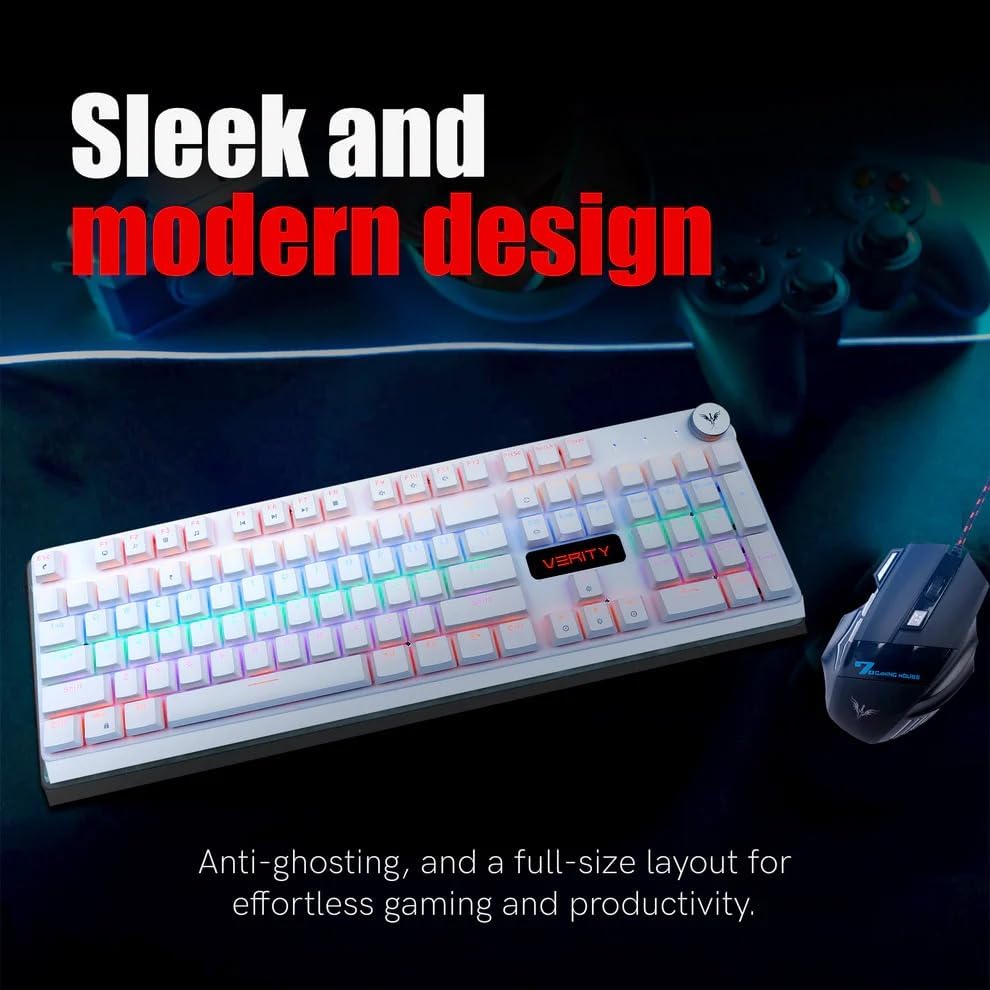 Image of VERITY Onyx RGB Mechanical Keyboard | 104-Key Full Size Gaming Keyboard with Quiet Durable Keys, Custom RGB Lighting, Type-C Wired, Sleek Design for PC, Office & Daily Use (White)