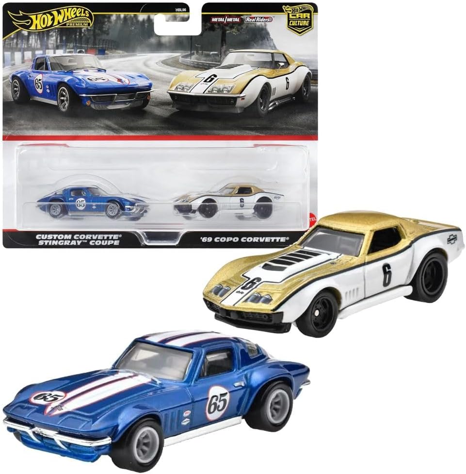 Mattel Hot Wheels HRR80 Premium 2 Pack '69 COPO Corvette/Custom Corvette Stingray Coupe Vehicle Toy Mini Car 3 Years Old Blue