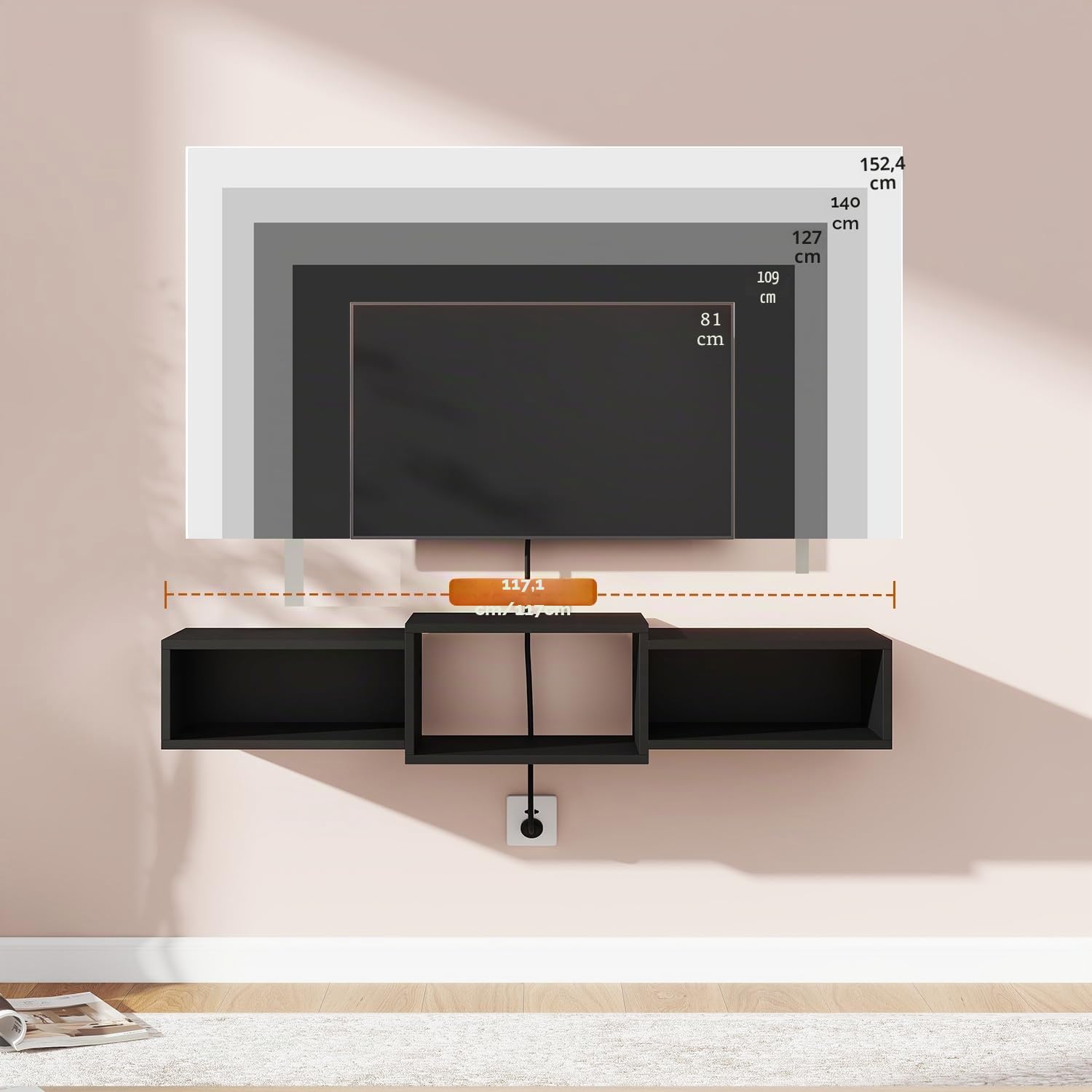 IBUYKE WST013B Support TV flottant à fixation murale, meuble TV en bois, étagère flottante pour rangement sous TV pour salon, chambre à coucher, bureau, noir