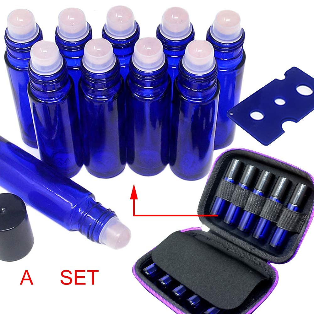 fengshuisale 10 bottiglie vuote ricaricabili blu da 10 ml, con pietre semipreziose in cristallo, per oli essenziali, con sacchetto incluso, W3903 (quarzo rosa)