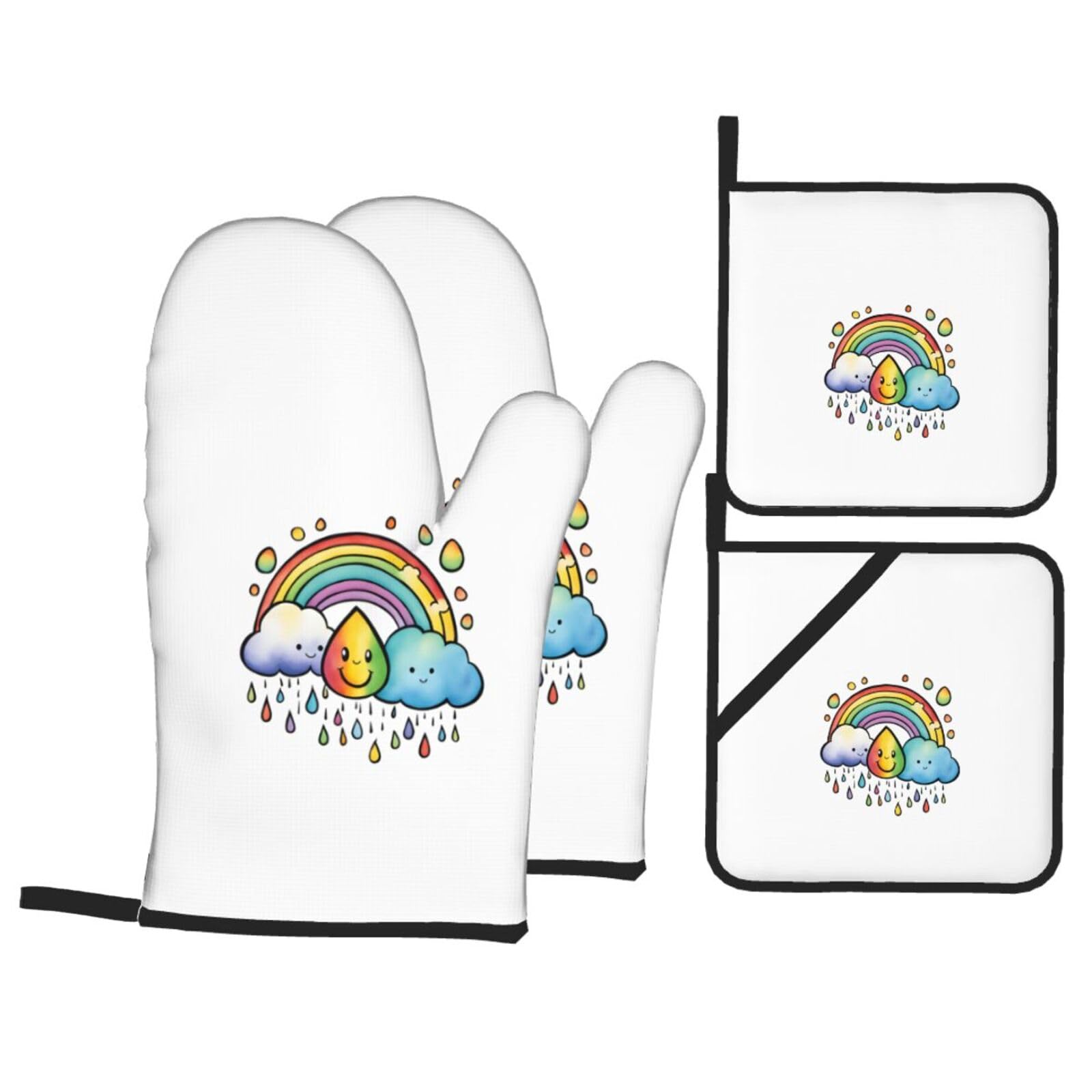 Nimongt Black Rainbow Clouds Raindrop 1 Print Heat-Resistant 4-Piece Oven Kitchen Gloves For Baking Cooking Microwaving Essentials
