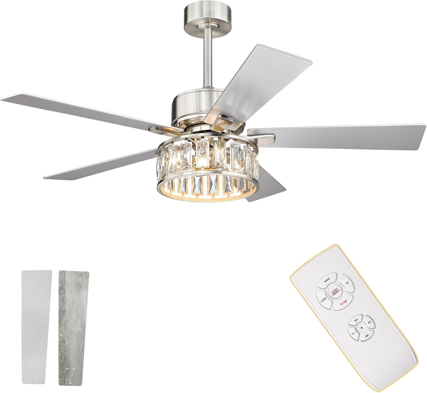 AUTELO Ceiling Fans with Lights - 52 Inch Ceiling Fans with Lights and Remote Control, Modern Crystal Ceiling Fan with 5 Reversible Blades in Nickel and Wooden Grey Finish for Living Room, F9327 ST