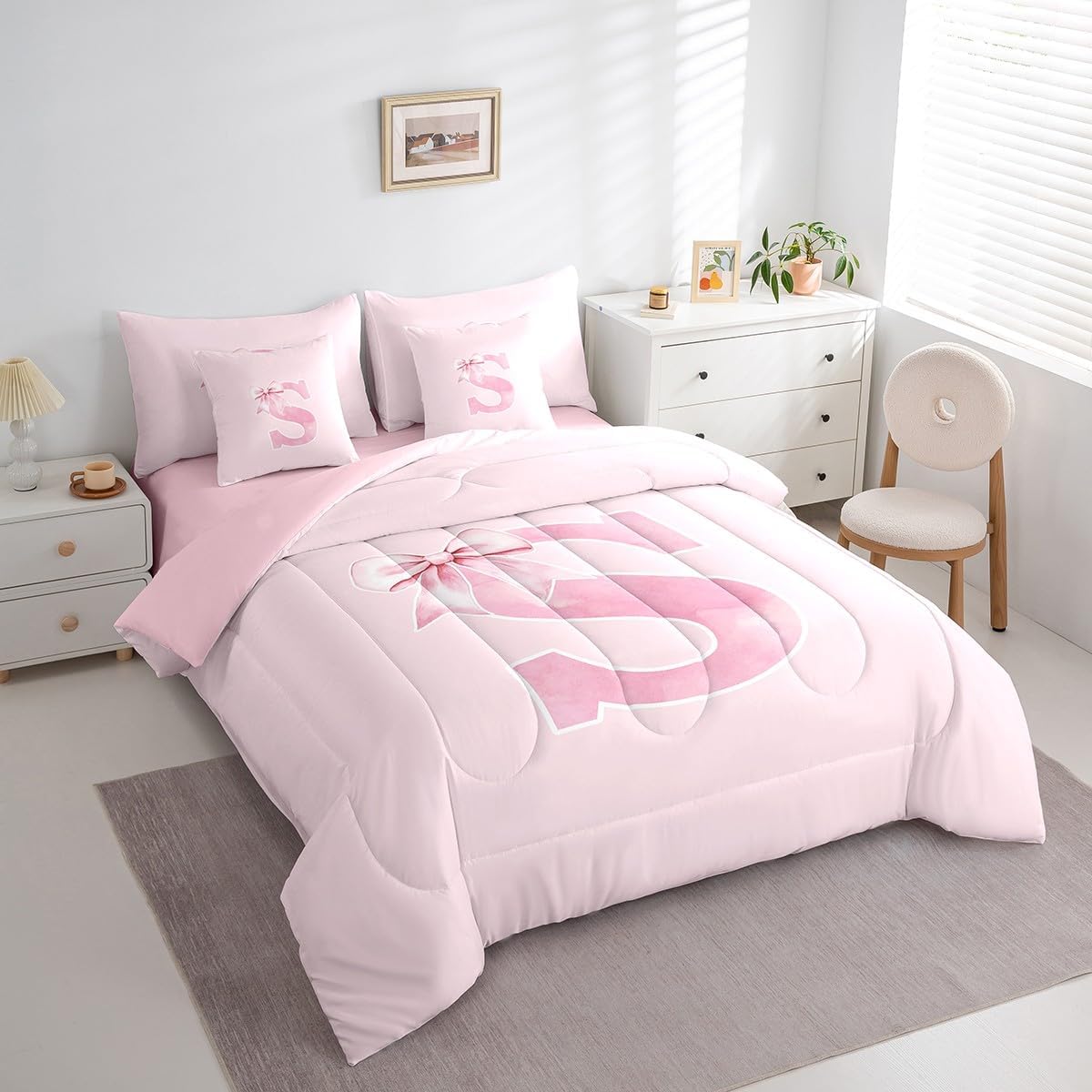 Erosebridal 7-Piece Initial S Bedding Set Twin,Monogrammed Bows Comforter Set for Girls Women Teen,Coquette Trendy Preppy Pink Bowknot Bed in a Bag,Initial Personalized Bedroom Room Decor(S) - Image 3