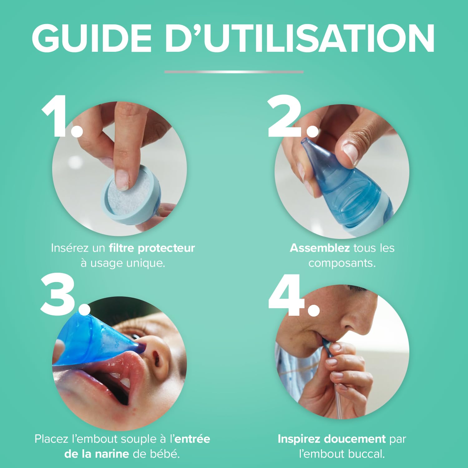 RESPIMER Mouche Bébé - Evacuer l'excès de mucus - Rhume & Rhynopharyngite - Facile à utiliser - Nourrissons et jeunes enfants - Sans Bisphénol A - 5 Filtres jetables hygiéniques - Fabriqué en France