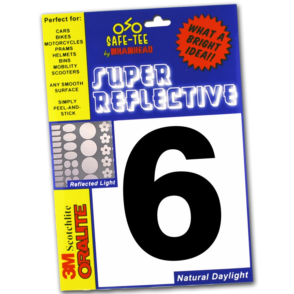 Whamhead Safe-Tee Reflective High Visibility Self Adhesive Wheelie Bin Number Sticker For Dustbin Recycling Bin Garage Door Shop Office Cafe Hotel (6, Black (Reflects as White))