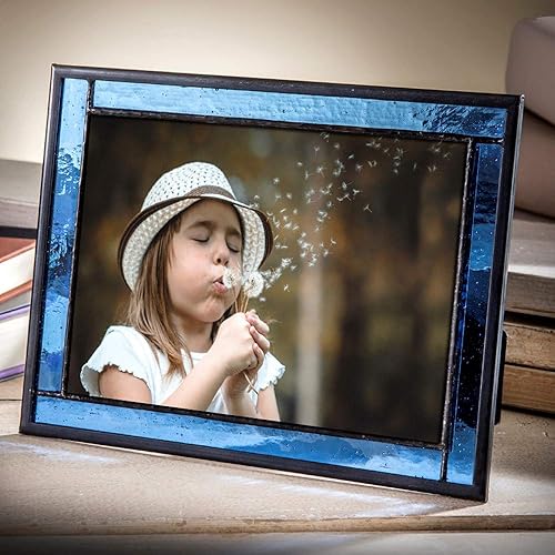 Miniatura 2 de Marco de fotos azul con vitral, caballete en la parte posterior, pantalla de fotos horizontal vertical para decoración del hogar, regalo de