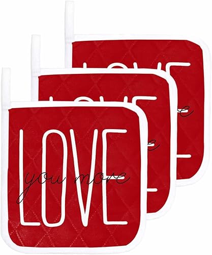 3 Packs Valentines Love Red Pot Holders Sets for Kitchen,Oven Pan Plate Bowl Pads Heat Proof Mat with Hanging Loop,Thick Terry Cloth Potholders Soft