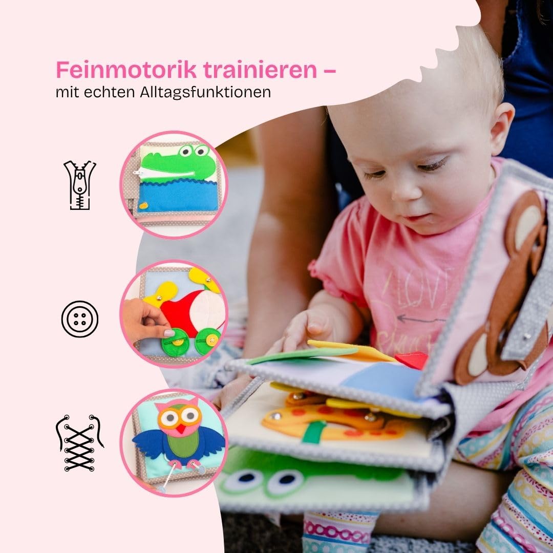 Jolly Designs – Mini Quiet Book Peek-a-Boo – Montessori Spielzeug ab 6 Monaten – Motorik & Sinneswahrnehmung fördern – Stoffbuch für Babys – Handgefertigtes Filzbuch – Perfekt für unterwegs & Reisen