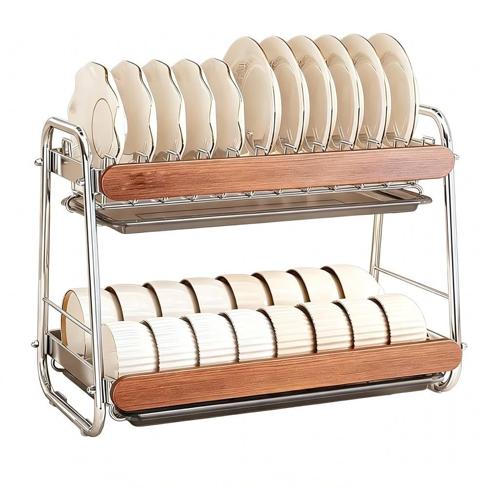 Escurridor de Platos de Acero Inoxidable de 2/3 Niveles – Organizador de encimera de Cocina con Bandeja de Drenaje, Bandeja recogegotas, Soporte para Cubiertos y escurridor Que aho