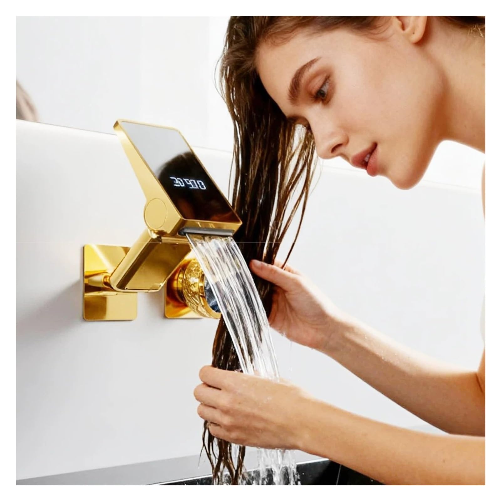 Rubinetto per lavabo a LED dorato a parete, miscelatore caldo freddo con display digitale a 2 fori,Sicuro e affidabile(Gun Grey)