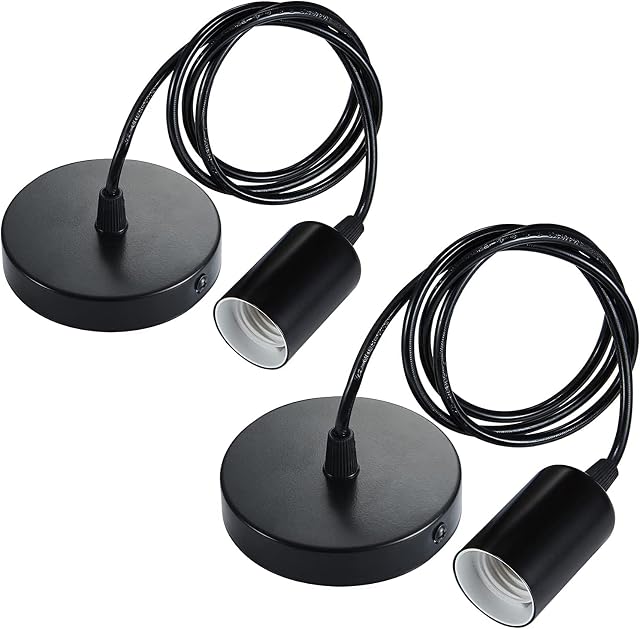 Wuudi Metal Pendant Light Fitting 2-Pack, E27 Lamp Holder Black Ceiling Rose with 100cm Cable for Kitchen Island Living Room Bedroom Dinning Room Lightings