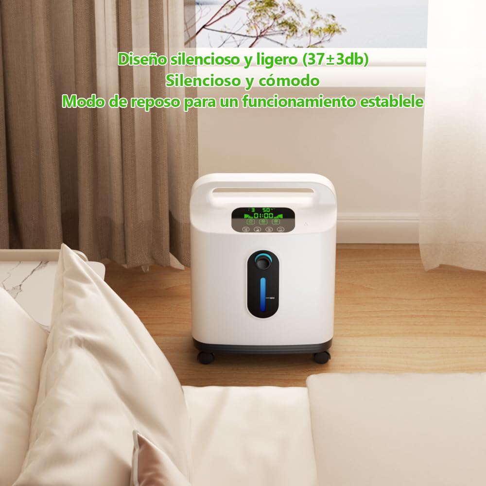 Concentrador de oxígeno, 93% ± 3% de concentración de oxígeno, 1-8 l, ajustable con movimiento de mango de rodillo (instrucciones en alemán)