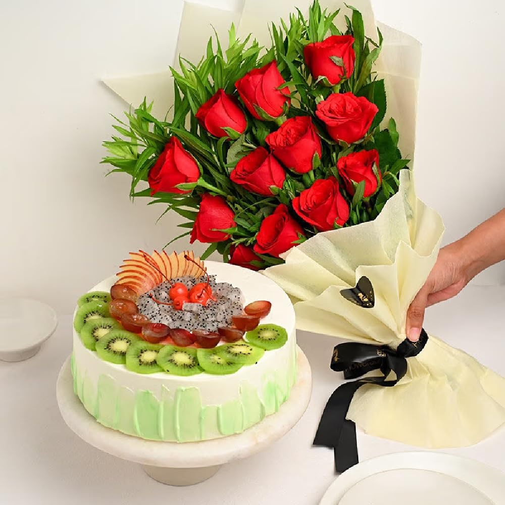 FlowerAura Delicious 500g Mix Fruit Cake With Fresh Live 12 Red Roses Flower Bouquet For Valentines Day Gift, Birthday Gift, Anniversary Gift, Womens Day Gift & Mothers Day Gift (Same Day Delivery) (B0CWLKQ3W2) Amazon Price History, Amazon Price Tracker