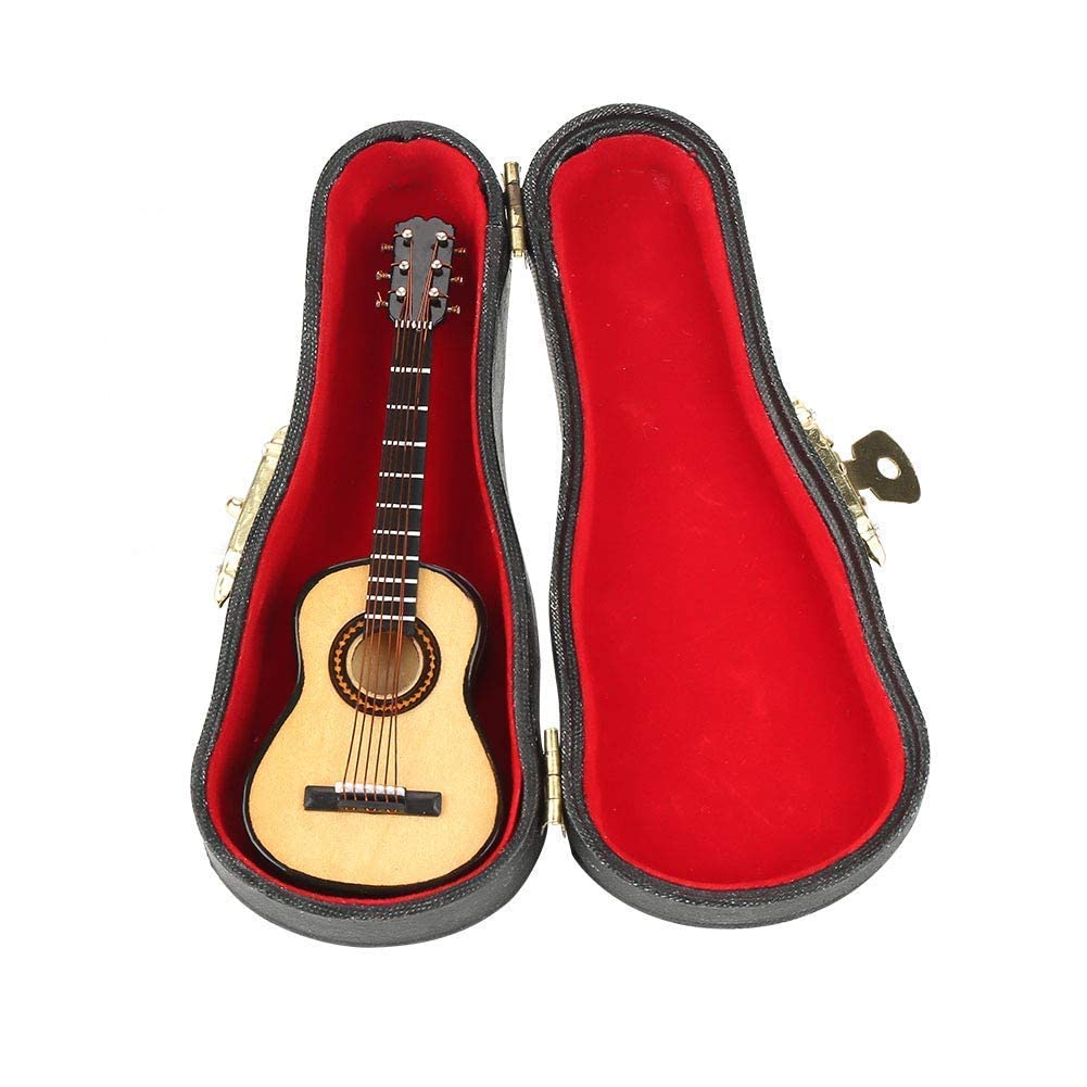 Walfront Modello di Chitarra In Miniatura In Legno con Supporto e Mini Strumento Musicale per la Decorazione Della Casa del Modello di Casa Delle Bambole In Miniatura