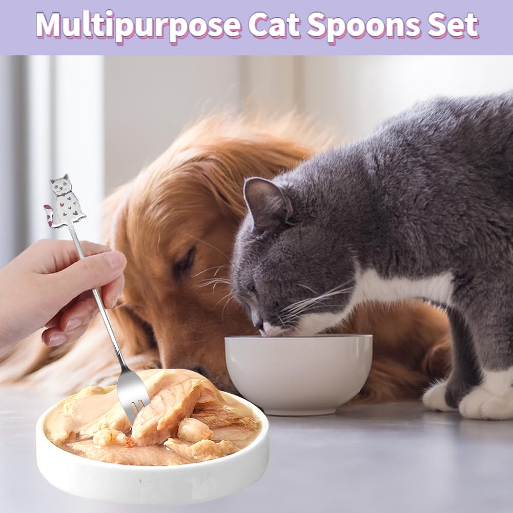 Cuillère à friandises pour chat, 2 petites fourchettes et cuillères en acier inoxydable facile à nettoyer ensemble mignon de cuillère de nourriture pour chat pour la nourriture humide en conserve pour