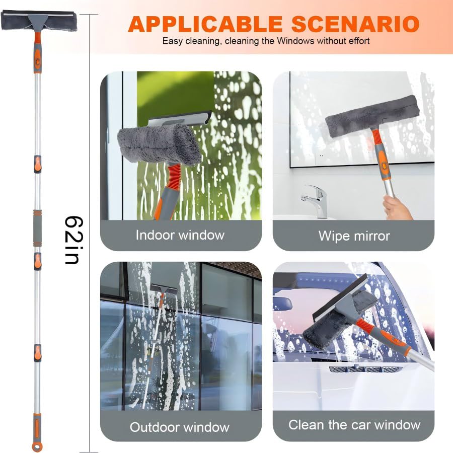 Limpiador Profesional de Ventanas, escobilla de Ducha 2 en 1 con Poste de extensión, Equipo telescópico de Lavado de Ventanas de 62 Pulgadas con Cabezal Flexible, Herramientas de Limpieza de Vidrio