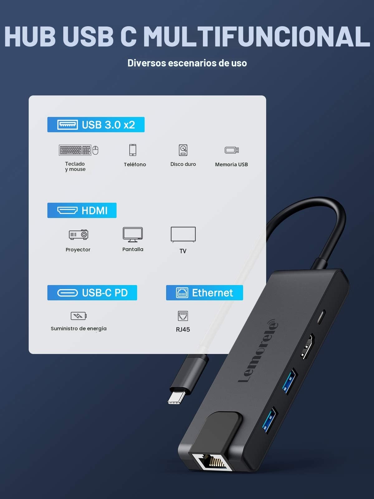 Lemorele Hub USB C con Gigabit, adattatore USB C 5 in 1 a RJ45 Ethernet 1000Mbps, 4K HDMI, 2 USB 3.0, 100W PD, per SteamDeck, MacBook Pro/Air, iPad, ChromeBook Pixel, Matebook, PC Tablet Type-C