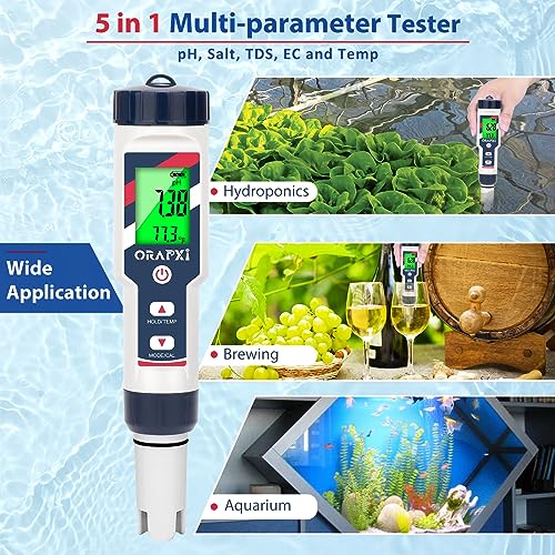ORAPXI pH Salinity Tester 5 In 1 pH Salt TDS EC Temp