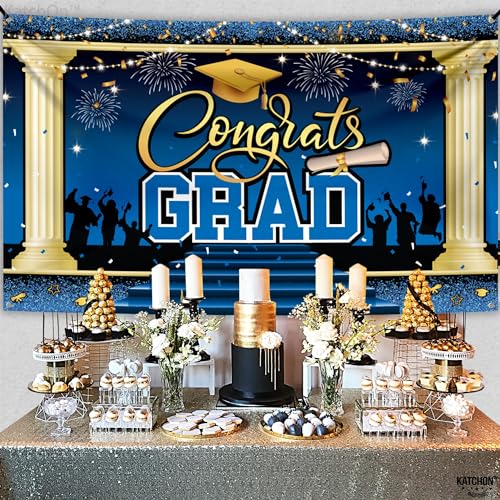 Image of KatchOn, XtraLarge Blue Congrats Grad Banner - 72x44 Inch, 2026 Graduation Backdrop | Blue Grad Banner Class of 2026 Grad Party Decorations, Graduation Decorations 2026