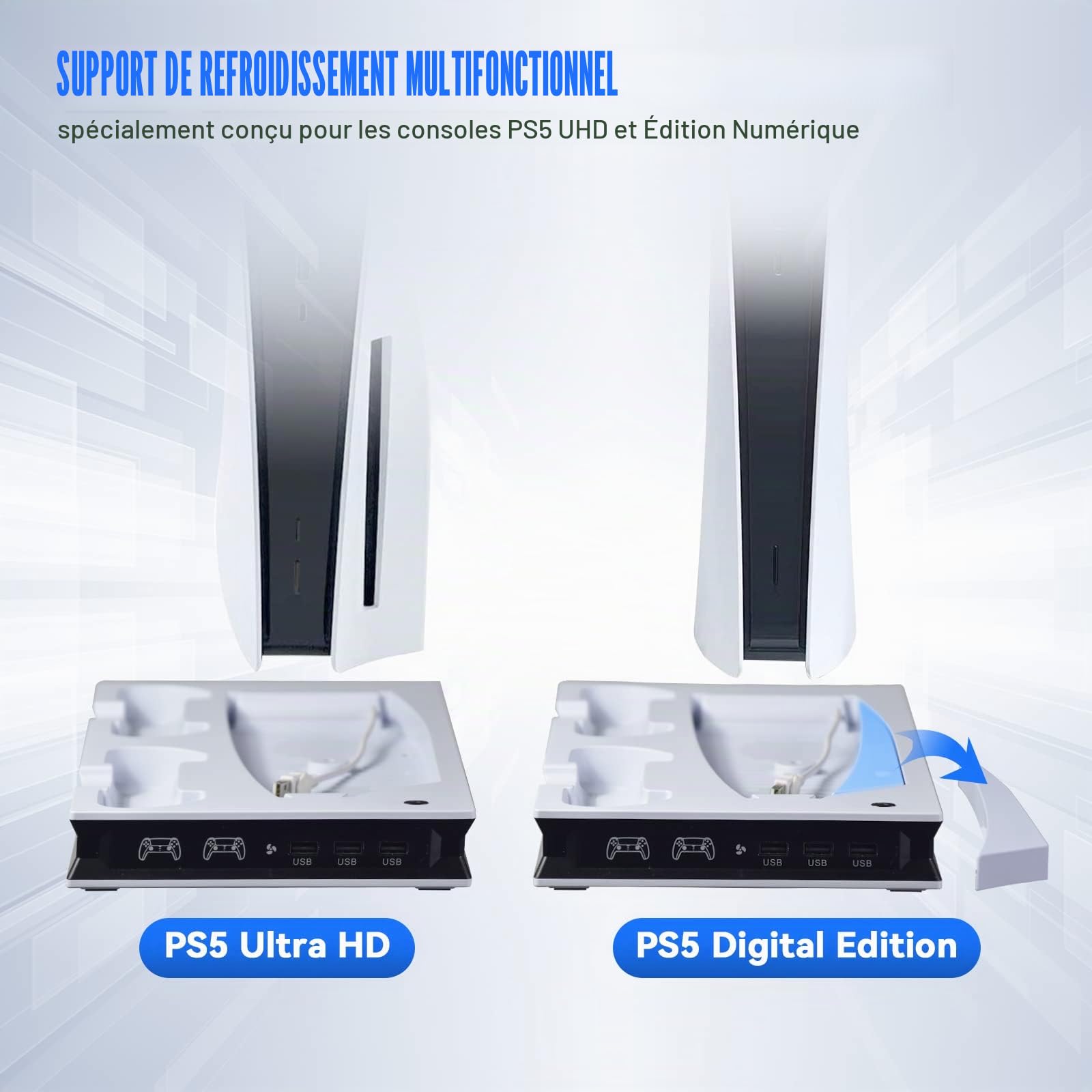 Station de Charge de Refroidissement PS5 avec lumières LED et Ventilateurs, Support de Charge Rapide avec Double contrôleur de Charge pour PS5 UHD/édition numérique Sans Fil, Apple iPhone SE
