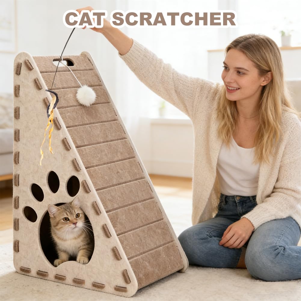 Planche à gratter 3 en 1 et maison triangulaire en feutre - Grattoir vertical pour chat d'intérieur - Scratch Play Rest Cat Furniture - Grattoir robuste facile à nettoyer avec jouet à balle