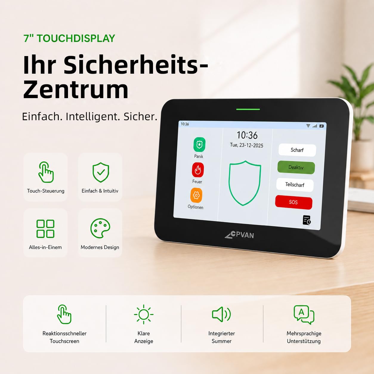 CPVAN GSM + WiFi Alarmanlage Haus mit 7" Touch Screen, Kein Vertrag Smart Komplettsysteme mit APP/SMS/Anruf Alarm, 110dB Host, Bewegungsmelder, Tür/Fenster Sensoren, Fernbedienungen, 14 Stück